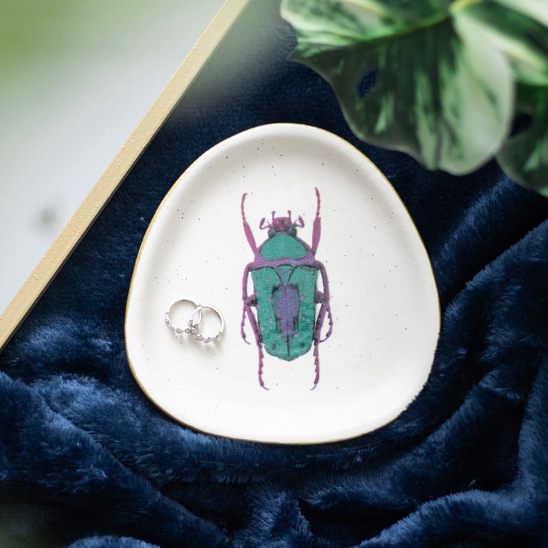 Off White Beetle Trinket Dish - Whimsical Ceramic Storage for Jewelry and Treasures