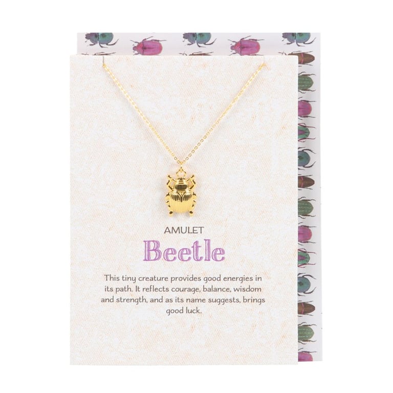 Lucky Beetle Necklace Card - Whimsical Good Luck Charm in Gold Tone Jewelry
