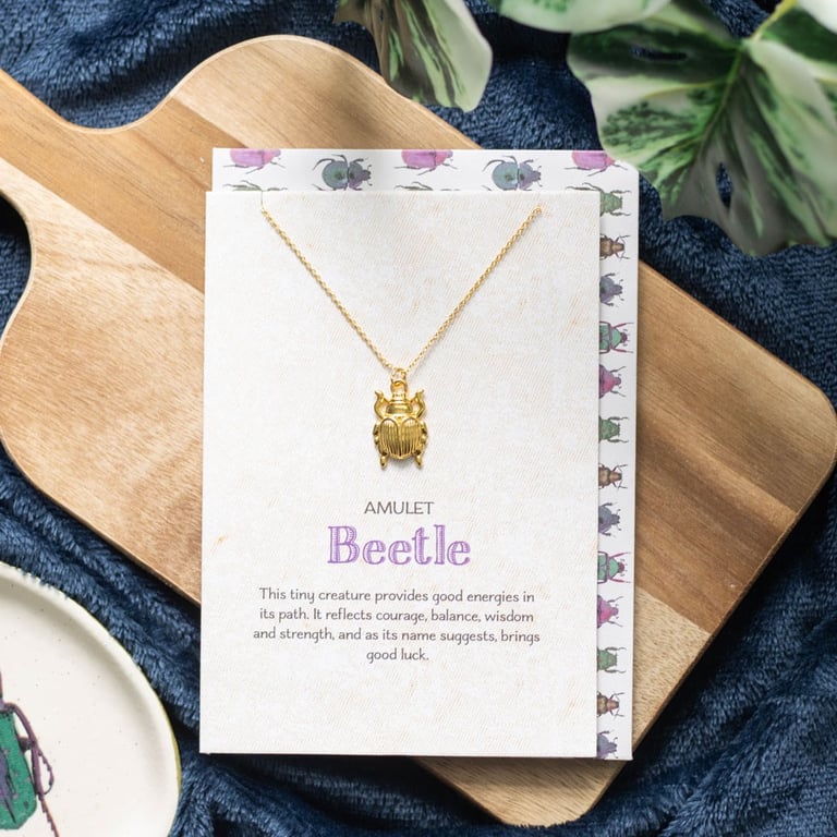 Lucky Beetle Necklace Card - Whimsical Good Luck Charm in Gold Tone Jewelry