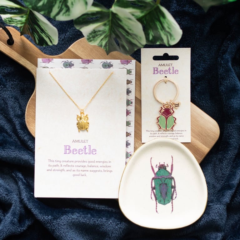 Lucky Beetle Necklace Card - Whimsical Good Luck Charm in Gold Tone Jewelry