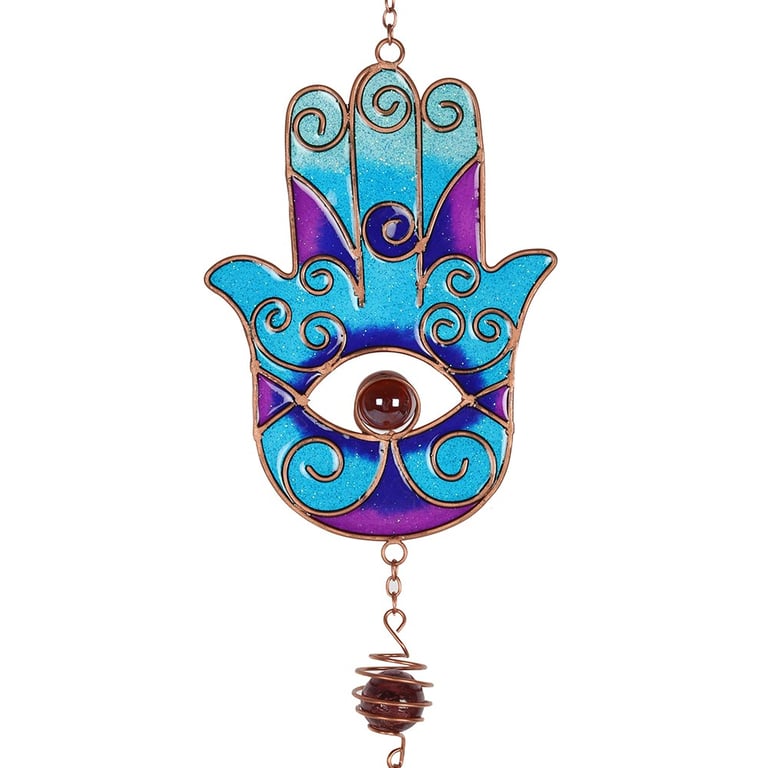 Blue Hand of Hamsa Windchime - Protective Outdoor Meditation Garden Decor