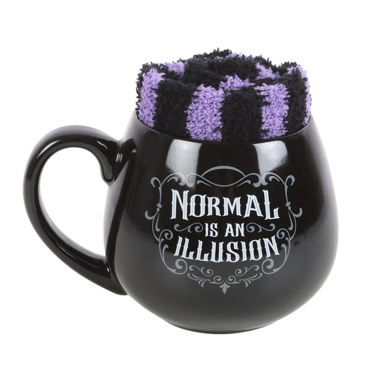 Normal is an Illusion Gothic Mug and Socks Set - 500ml Capacity, Black Heart Design