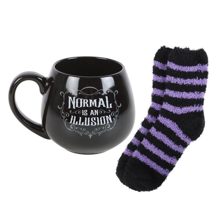 Normal is an Illusion Gothic Mug and Socks Set - 500ml Capacity, Black Heart Design