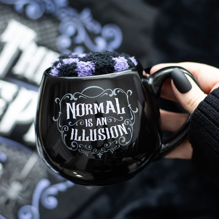 Normal is an Illusion Gothic Mug and Socks Set - 500ml Capacity, Black Heart Design