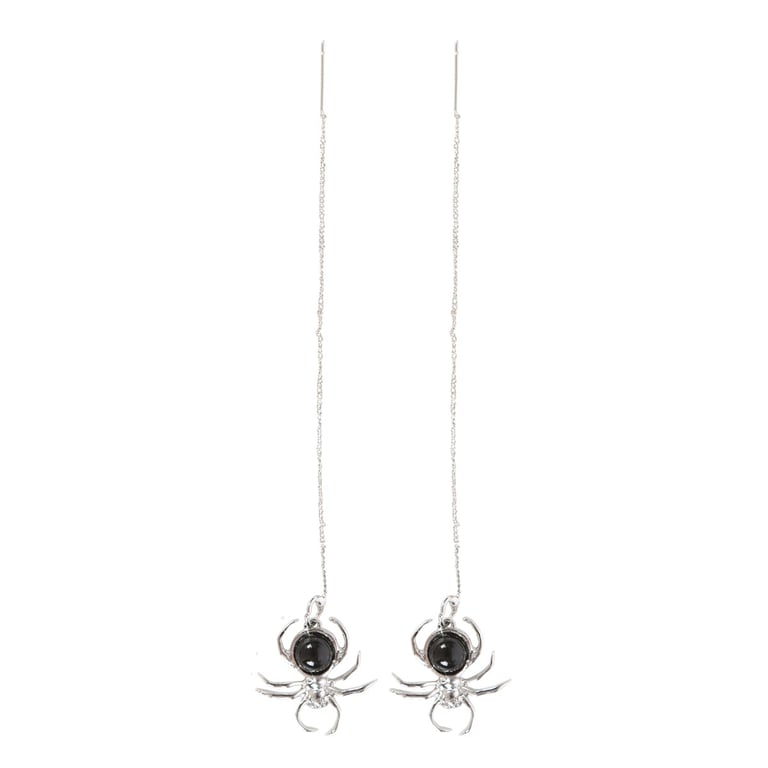 Black Obsidian Spider Threader Earrings - Elegant & Spooky Stainless Steel Web-Themed Jewelry