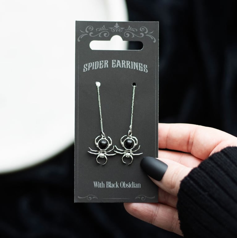 Black Obsidian Spider Threader Earrings - Elegant & Spooky Stainless Steel Web-Themed Jewelry