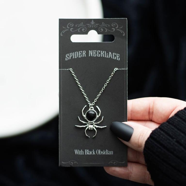 Black Obsidian Spider Pendant Necklace - Elegant & Eerie Stainless Steel Jewelry