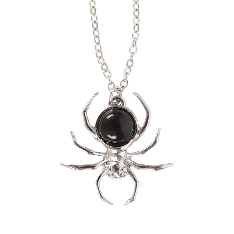 Black Obsidian Spider Pendant Necklace - Elegant & Eerie Stainless Steel Jewelry