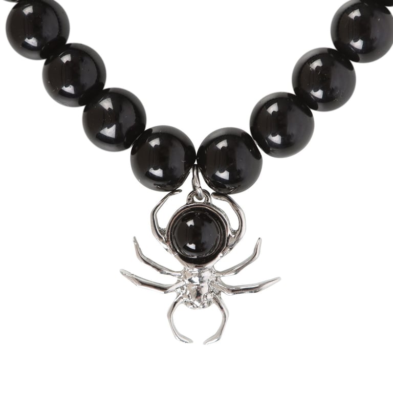 Black Obsidian Spider Beaded Stainless Steel Bracelet - Eerie Style Accessory