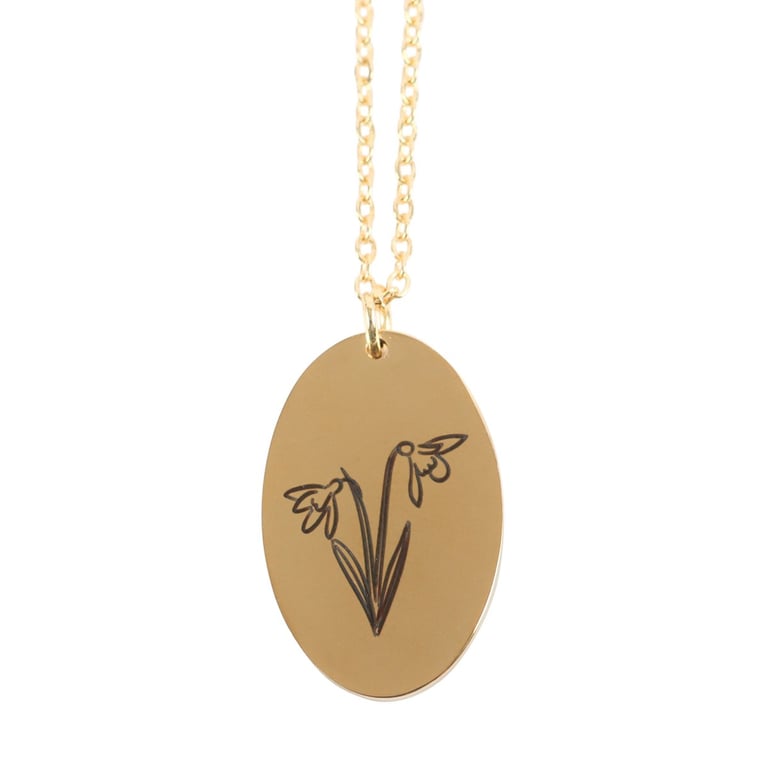 January Snowdrop Birth Flower Necklace Card - Engraved Charm on 22cm Nickel-Free Chain