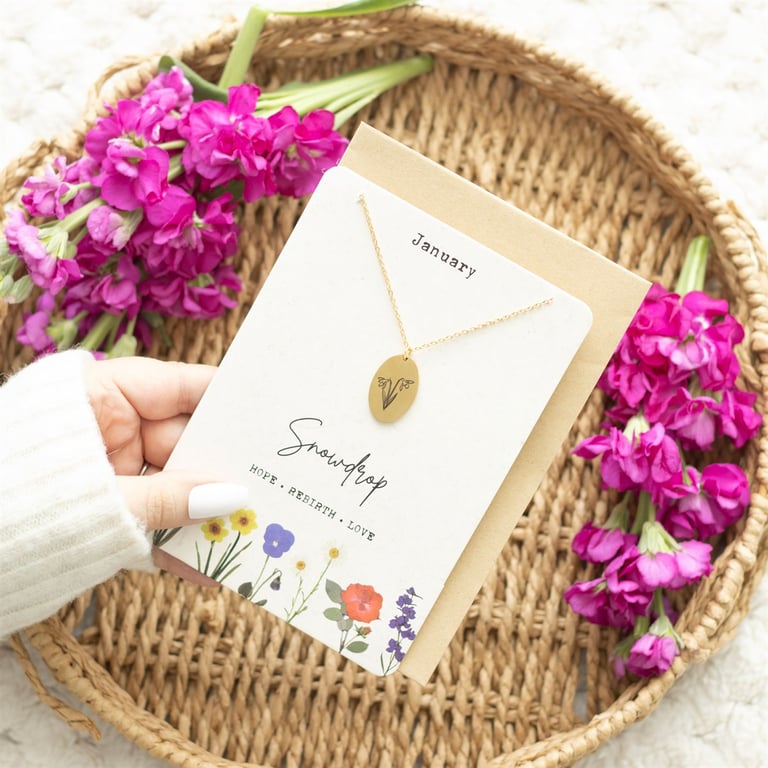 January Snowdrop Birth Flower Necklace Card - Engraved Charm on 22cm Nickel-Free Chain