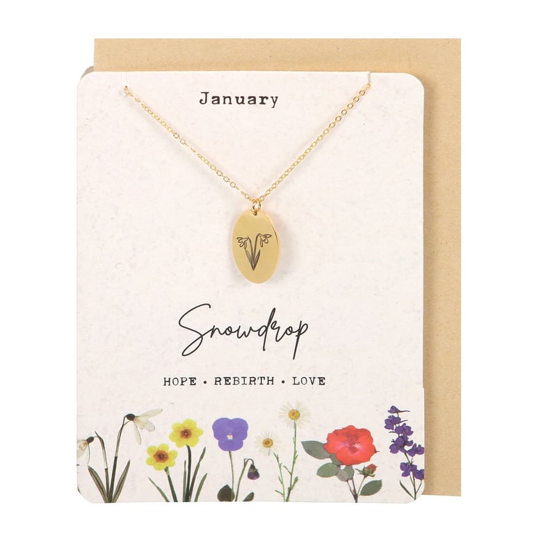 January Snowdrop Birth Flower Necklace Card - Engraved Charm on 22cm Nickel-Free Chain