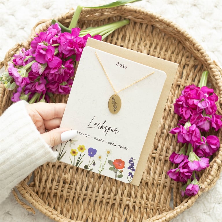 July Larkspur Birth Flower Necklace Gift Card - Engraved 22cm Gold Tone Necklace & Blank Inside