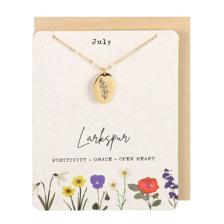 July Larkspur Birth Flower Necklace Gift Card - Engraved 22cm Gold Tone Necklace & Blank Inside