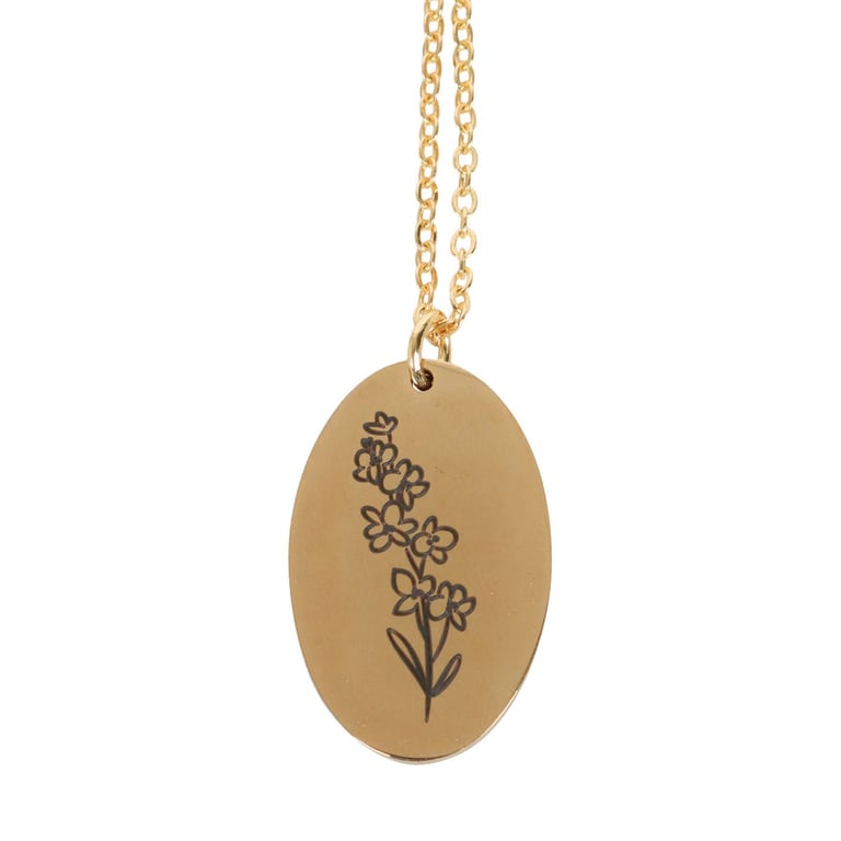 July Larkspur Birth Flower Necklace Gift Card - Engraved 22cm Gold Tone Necklace & Blank Inside