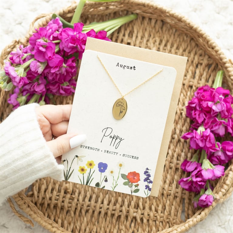 August Poppy Birth Flower Necklace Card - Thoughtful Gift for August Birthdays and Milestone Moments