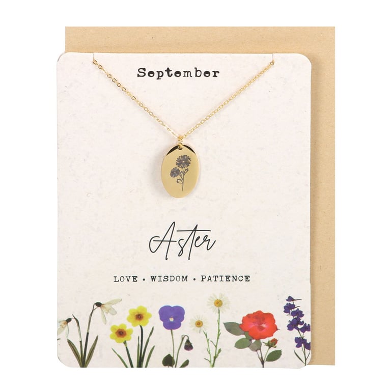 September Aster Birth Flower Necklace Card - Engraved Charm & Wildflower Design Gift for Birthday or Mother s Day