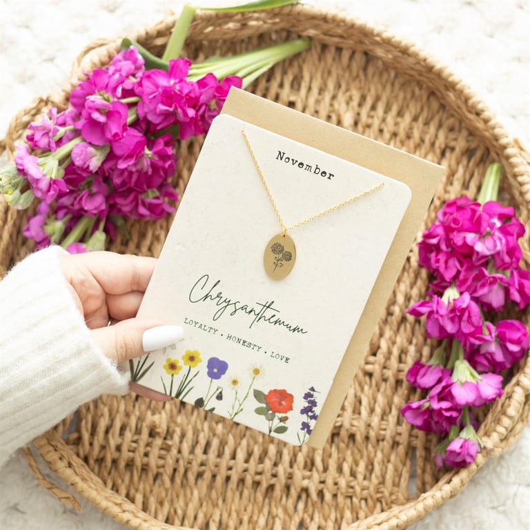 November Birth Flower Chrysanthemum Necklace Gift Card - Personalised Wildflower Design