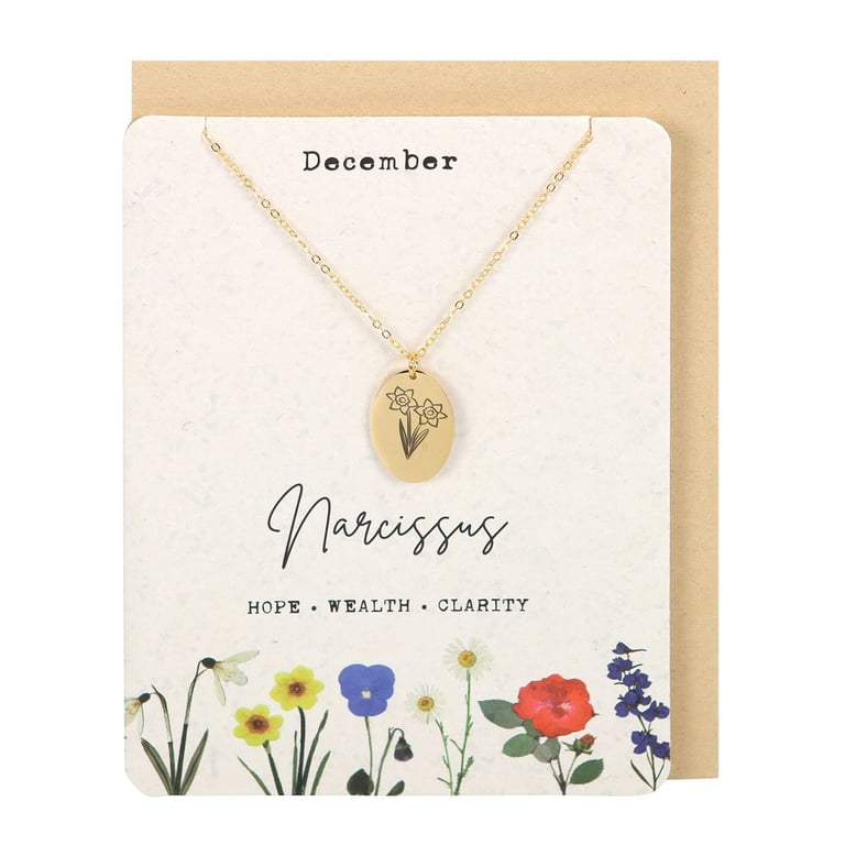 December Birth Flower Necklace Gift Card - Wildflower Design & Gold-Tone Charm