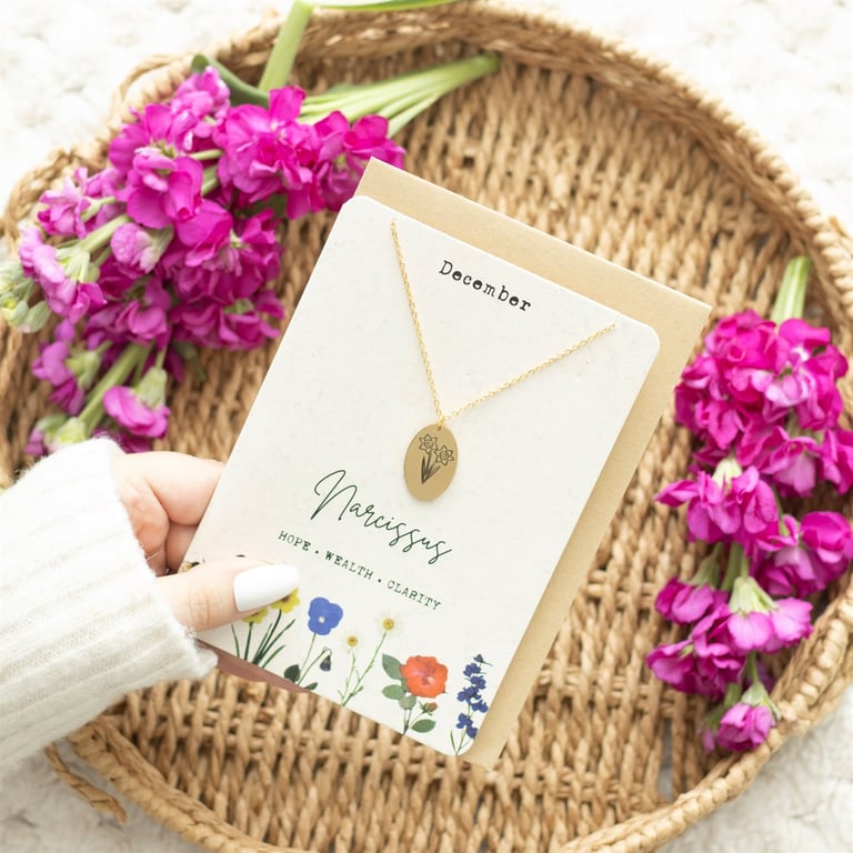 December Birth Flower Necklace Gift Card - Wildflower Design & Gold-Tone Charm