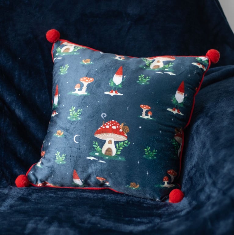 Gnome Sweet Gnome 35cm Square Cushion with Winter Forest Print and Pom Poms - Dry Clean Only Home Decor