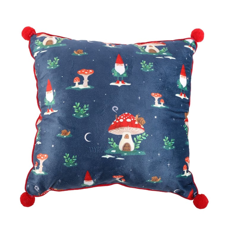 Gnome Sweet Gnome 35cm Square Cushion with Winter Forest Print and Pom Poms - Dry Clean Only Home Decor