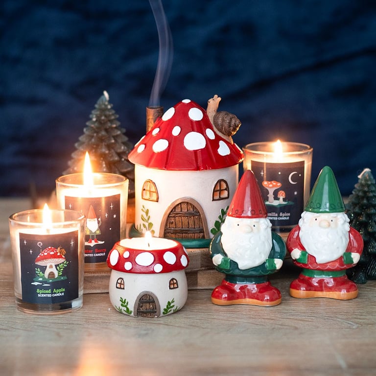 Mushroom House Resin Tealight Holder - Winter Forest Whimsy Decoration