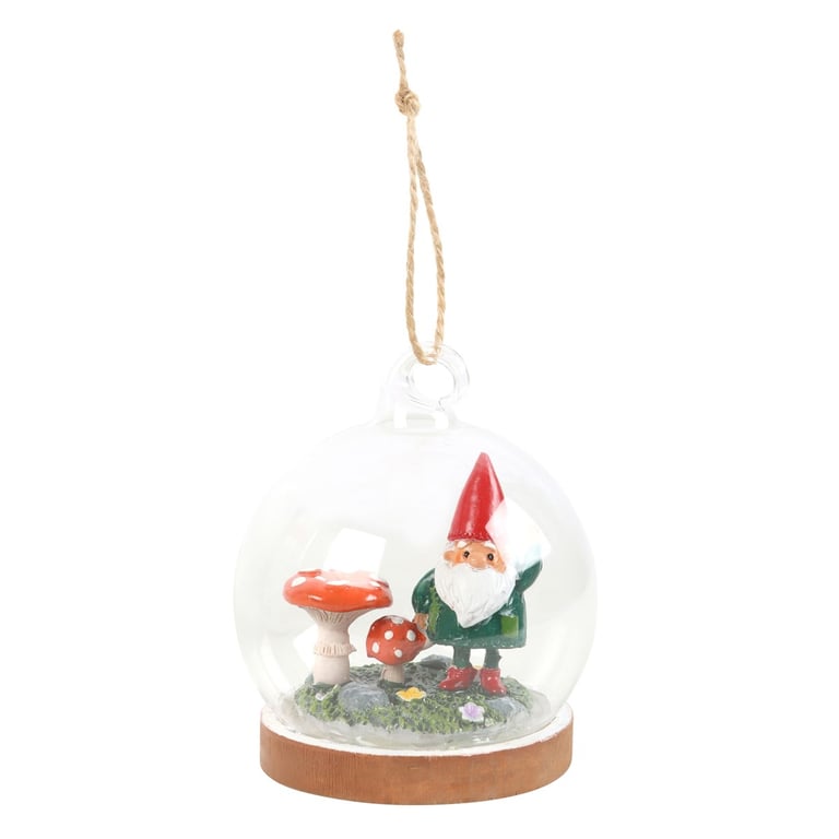 Glass Dome Gnome Hanging Decoration with Magical Toadstools Home Christmas Ornament