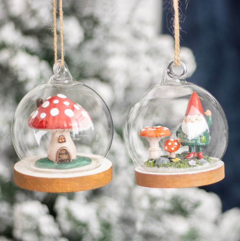Glass Dome Gnome Hanging Decoration with Magical Toadstools Home Christmas Ornament