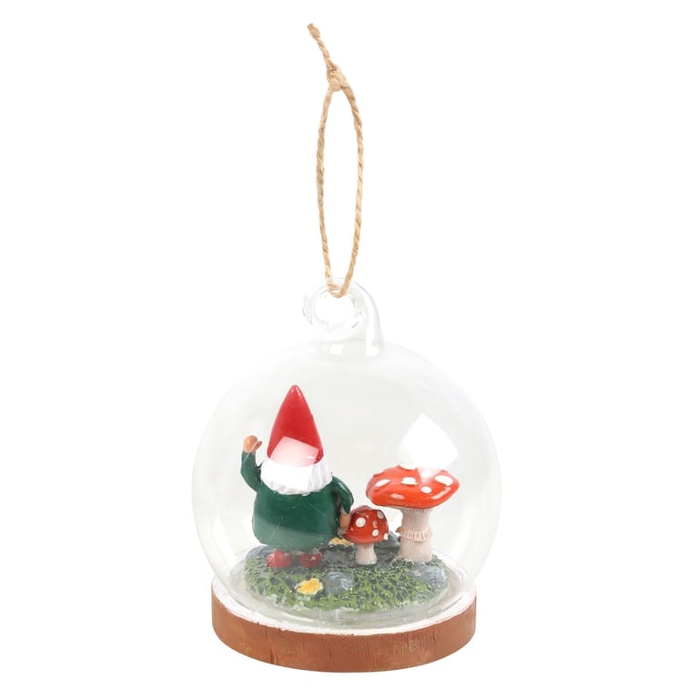 Glass Dome Gnome Hanging Decoration with Magical Toadstools Home Christmas Ornament