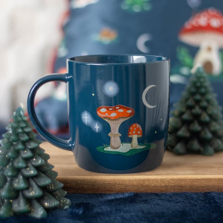 Navy Blue Winter Forest Gnome Mushroom Mug - Hot Beverage & Morning Magic