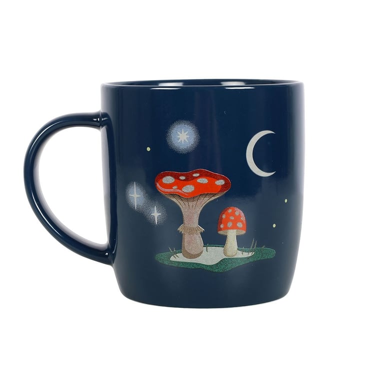 Navy Blue Winter Forest Gnome Mushroom Mug - Hot Beverage & Morning Magic