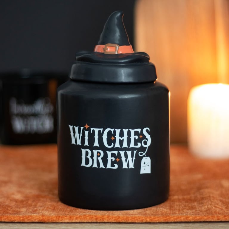 Witches Brew Ceramic Tea Canister with Witch Hat Lid, Hand Wash Only Kitchen Storage Jar