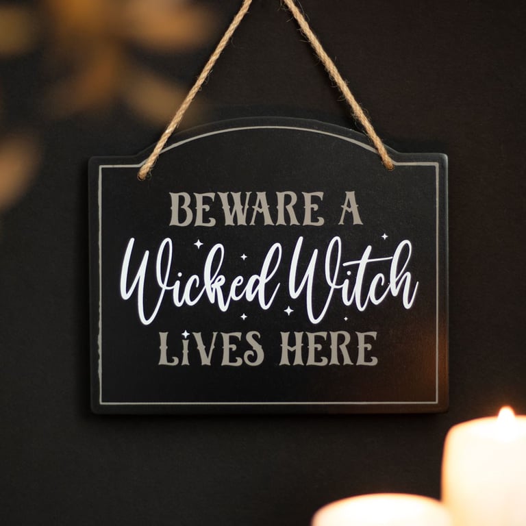 Beware A Wicked Witch Lives Here Hanging Sign - Spooktacular Halloween Decor Door Sign