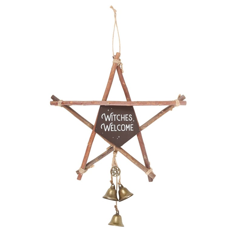 Rustic Wooden Witches Welcome Pentagram Sign with Tinkling Bells