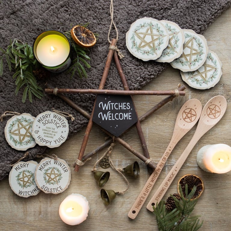 Rustic Wooden Witches Welcome Pentagram Sign with Tinkling Bells