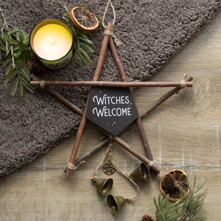 Rustic Wooden Witches Welcome Pentagram Sign with Tinkling Bells