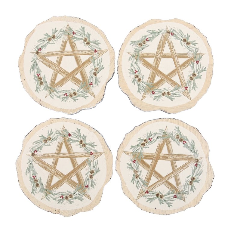 Winter Solstice Rustic Wood Slice Coaster Set - Unique Pentagram Design for Dining Room Protection