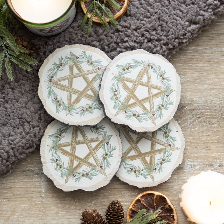 Winter Solstice Rustic Wood Slice Coaster Set - Unique Pentagram Design for Dining Room Protection
