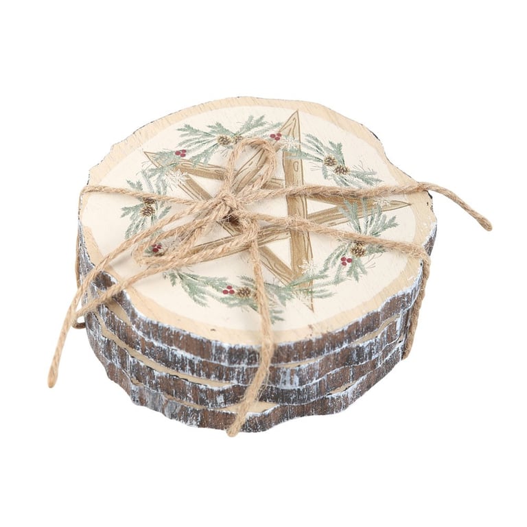 Winter Solstice Rustic Wood Slice Coaster Set - Unique Pentagram Design for Dining Room Protection