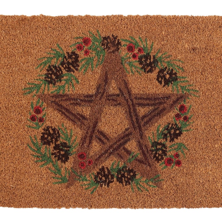 Natural Winter Solstice Coir Doormat with Rustic Pentagram Design