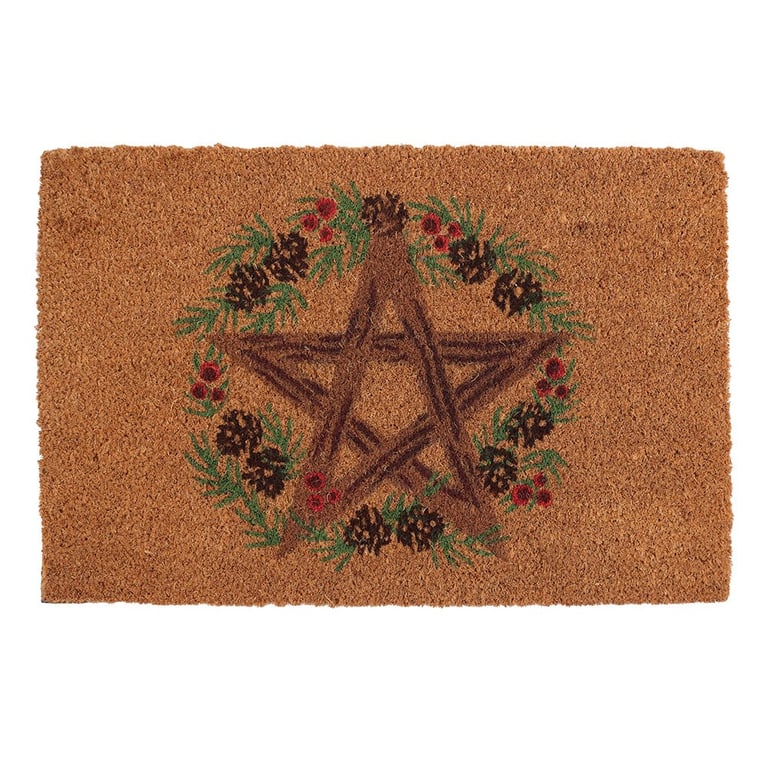 Natural Winter Solstice Coir Doormat with Rustic Pentagram Design
