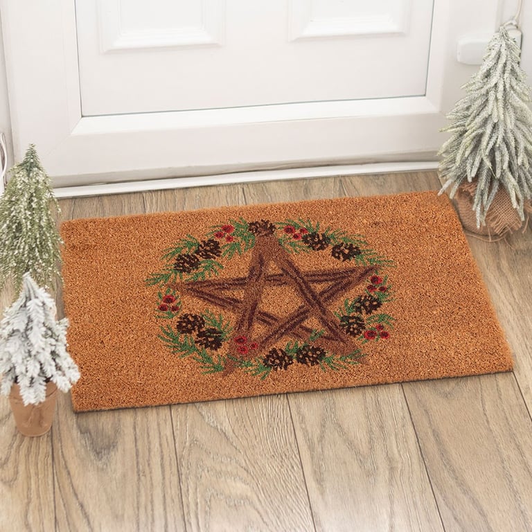 Natural Winter Solstice Coir Doormat with Rustic Pentagram Design