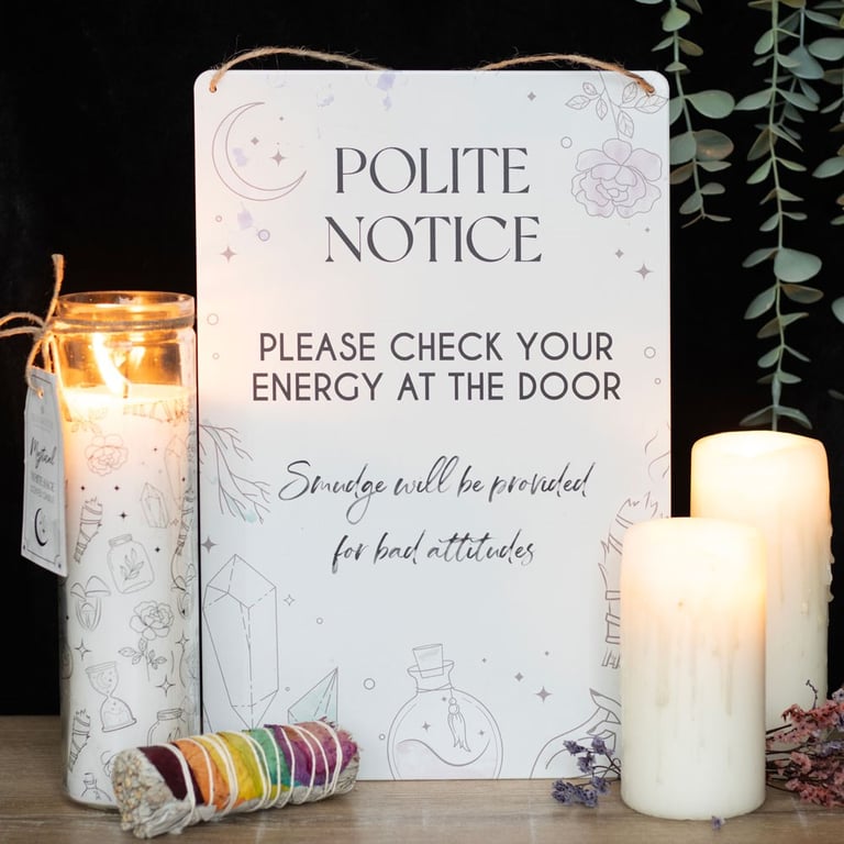 Metal Energy Check Sign - Polite Notice with Crystal Decor