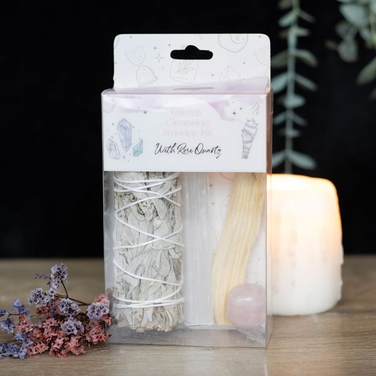 Rose Quartz Crystal Smudge Kit - Includes White Sage Bundle & Palo Santo Stick