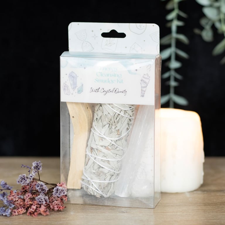 Clear Quartz Smudge Kit for Negative Energy Cleansing - Includes Sage Bundle & Palo Santo Stick