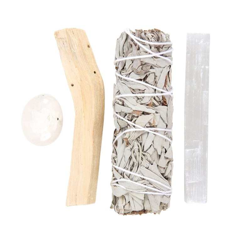 Clear Quartz Smudge Kit for Negative Energy Cleansing - Includes Sage Bundle & Palo Santo Stick