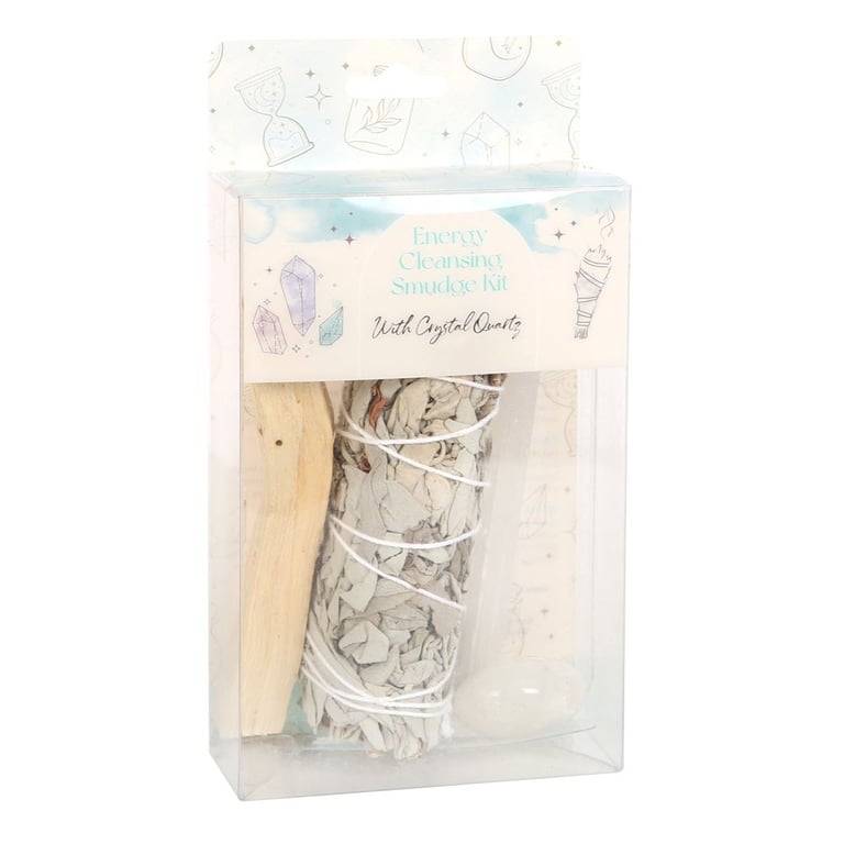 Clear Quartz Smudge Kit for Negative Energy Cleansing - Includes Sage Bundle & Palo Santo Stick