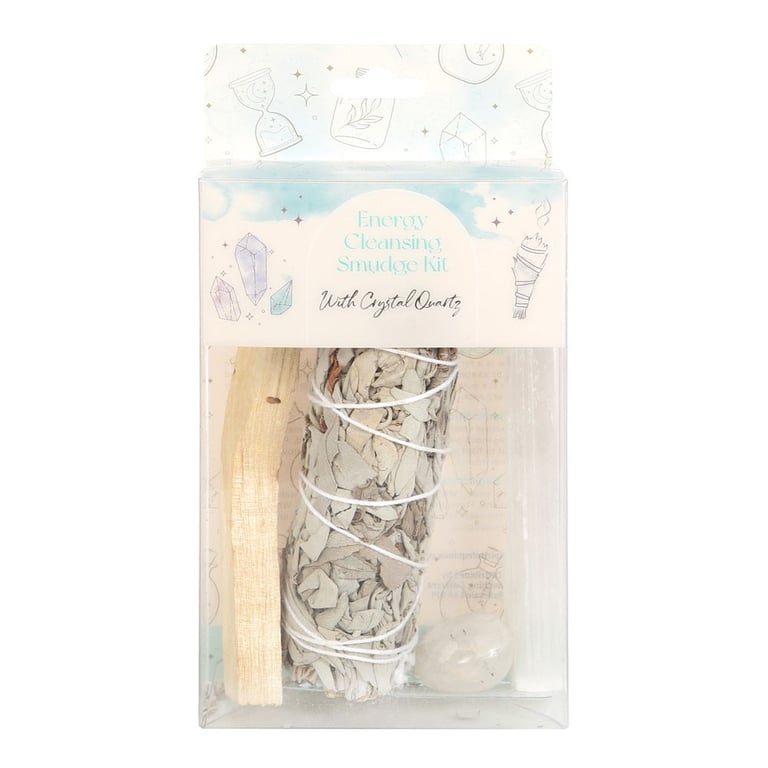 Clear Quartz Smudge Kit for Negative Energy Cleansing - Includes Sage Bundle & Palo Santo Stick