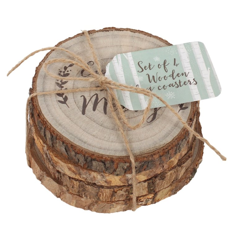 Wooden Log Coasters - Quirky Text Printed Set of 4